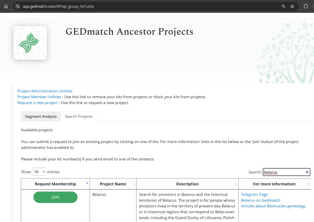 GEDmatch Ancestor Projects: Search Projects tab, Belarus typed in the Search field, project Belarus and a green JOIN button