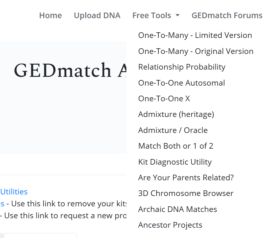 GEDmatch menu: Home, Free Tools, and Ancestor Projects in the list