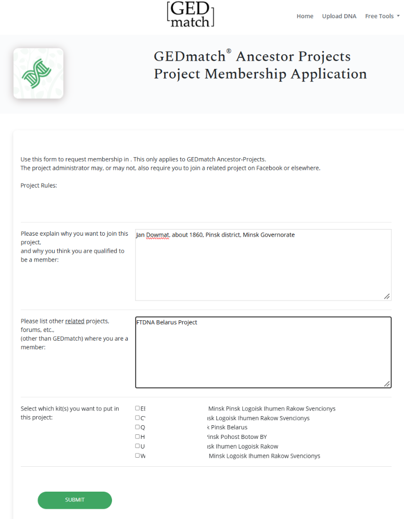 GEDmatch Project Membership Application form: Latin-script fields and kit selection