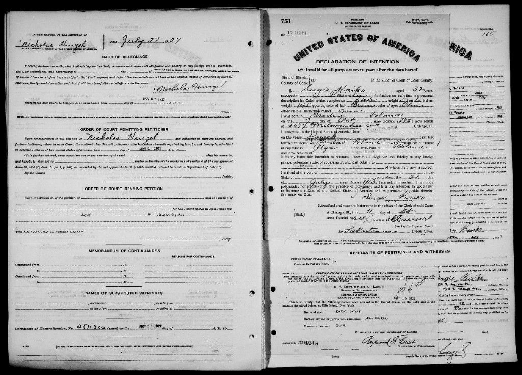 Declaration of Intention for Sergei Kaiko, Chicago: wife Olga, arrival in the United States in July 1913